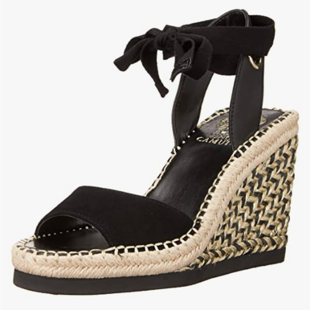 NWOT Vince Camuto Black, Tan & Gold Wedge Sandals